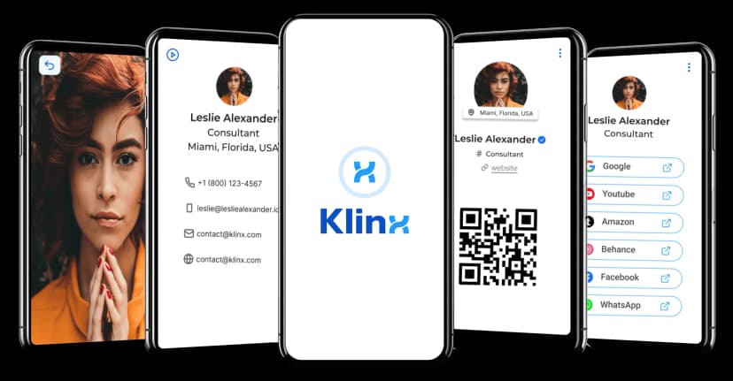 Klinx digital business card on multiple phone screens