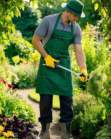 Gardener trimming plants in a backyard