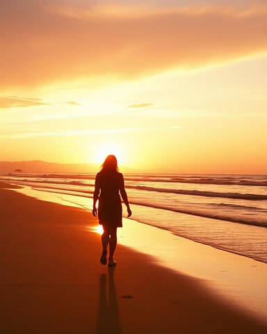 Person walking along the beach at sunset