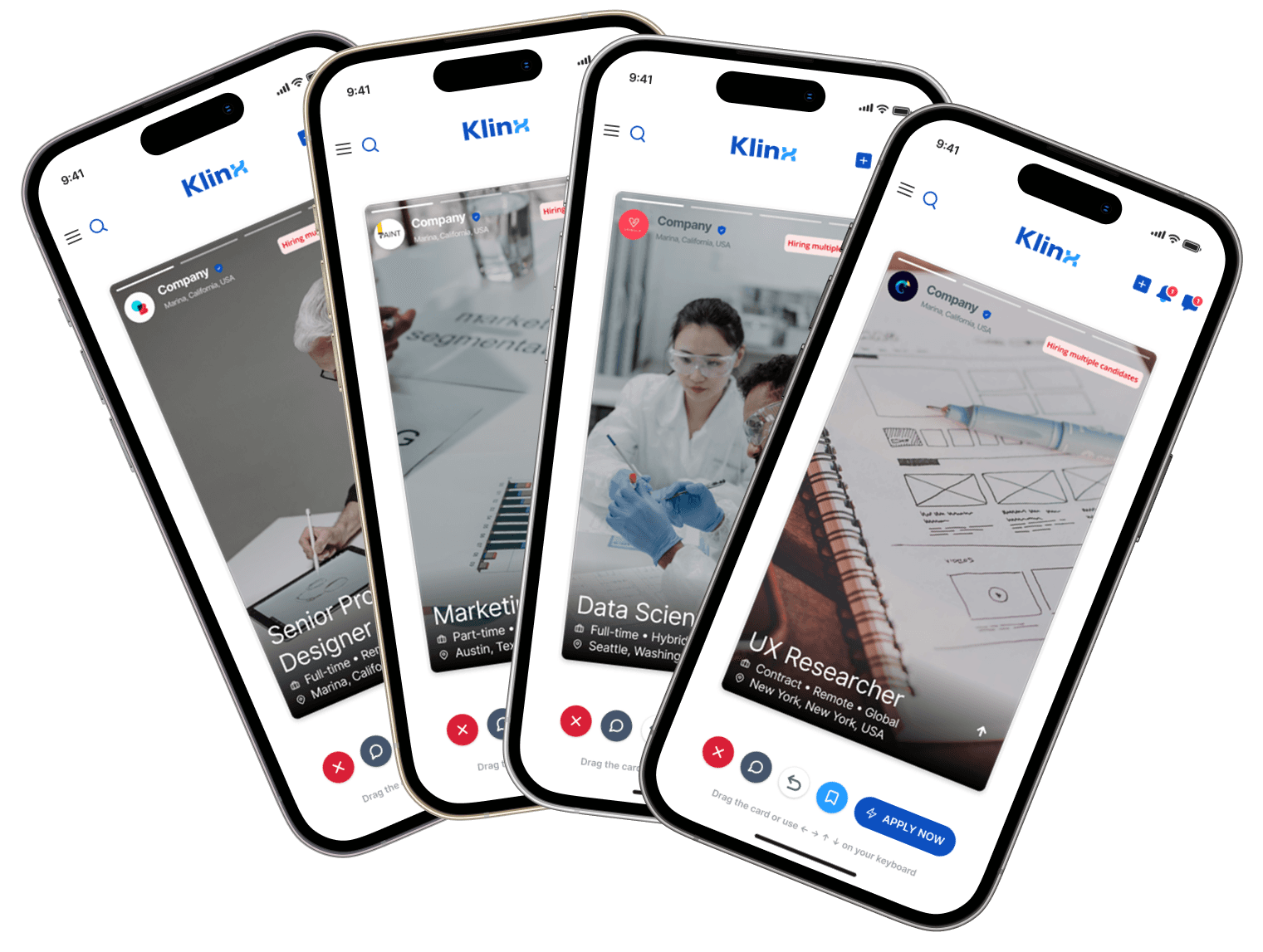 Four phones showing the Klinx Swipe job matching interface